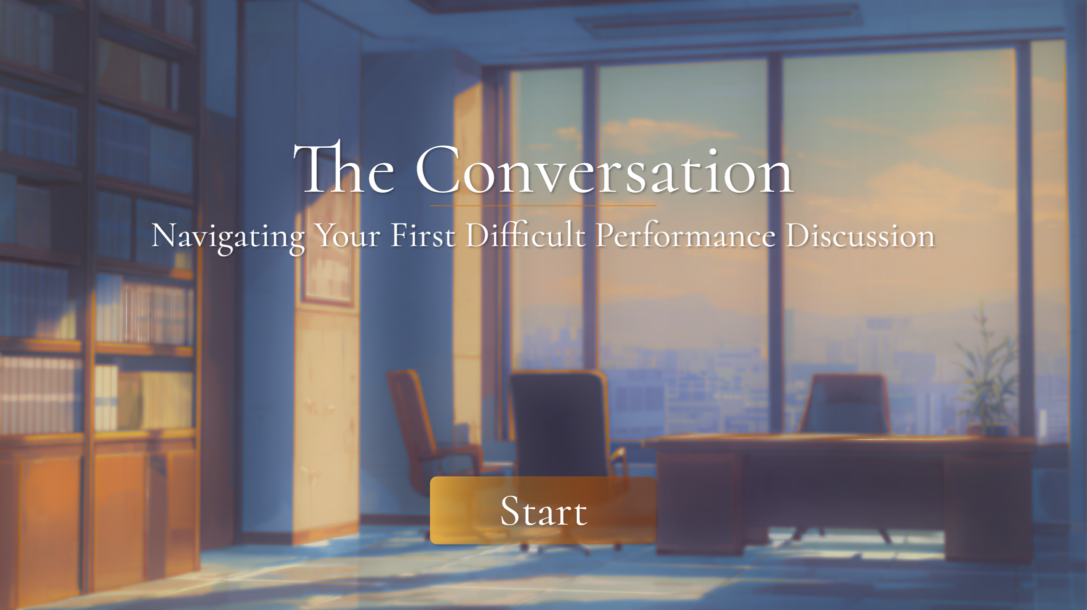 The Conversation title screen showing the office background and Storyline UI